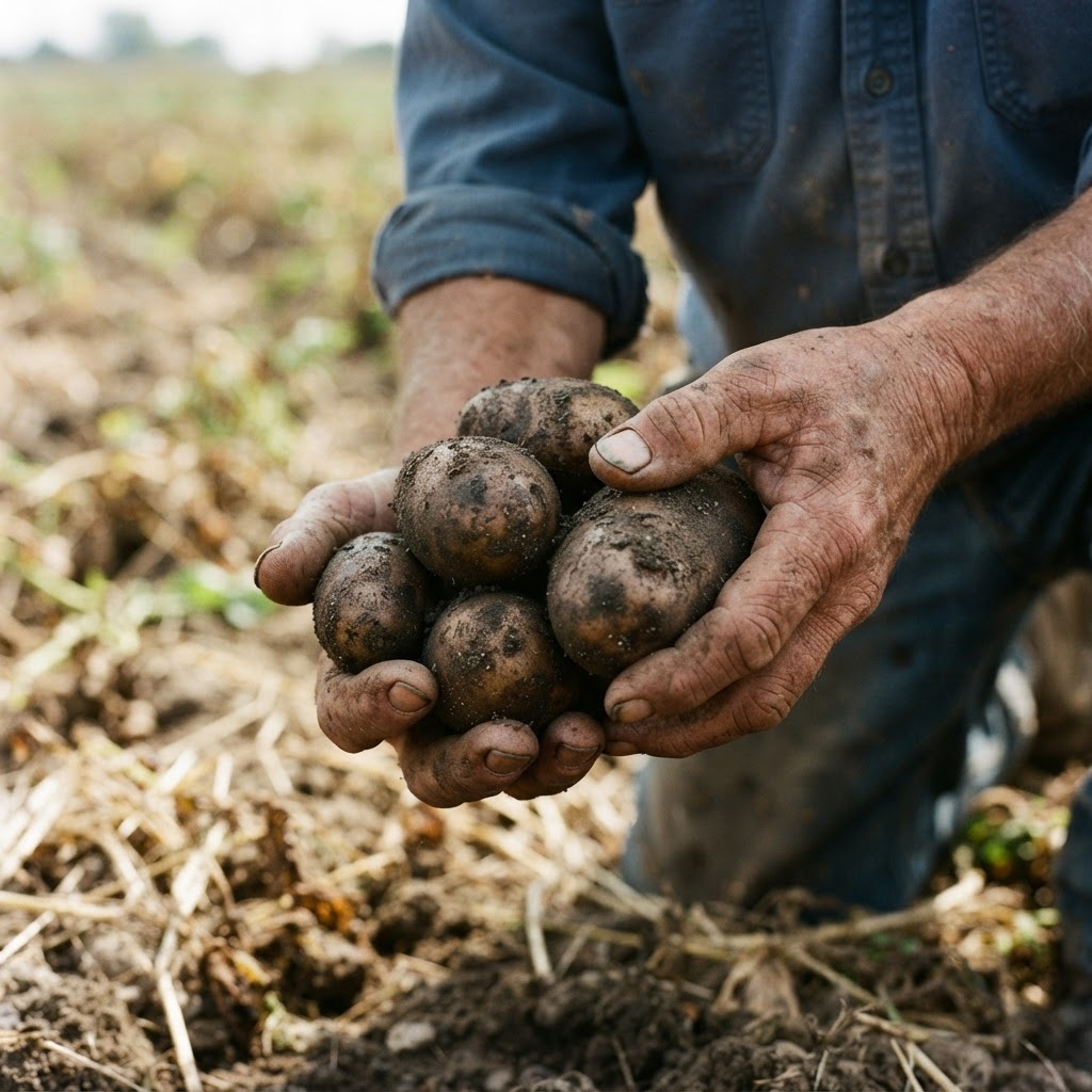 Bauernhände halten frisch geerntete Bio-Kartoffeln